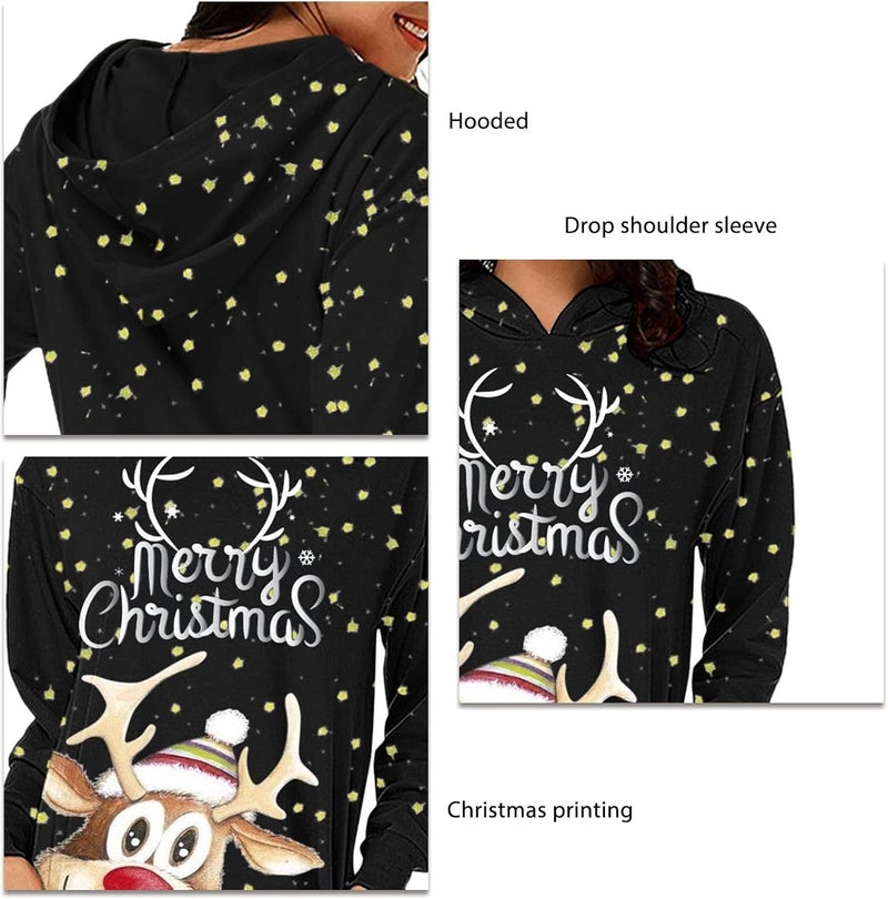 woobles Hoodie Dress, Womens Hoodie Dress Christmas Pattern Print Polyester Casual for Shopping - Image 4